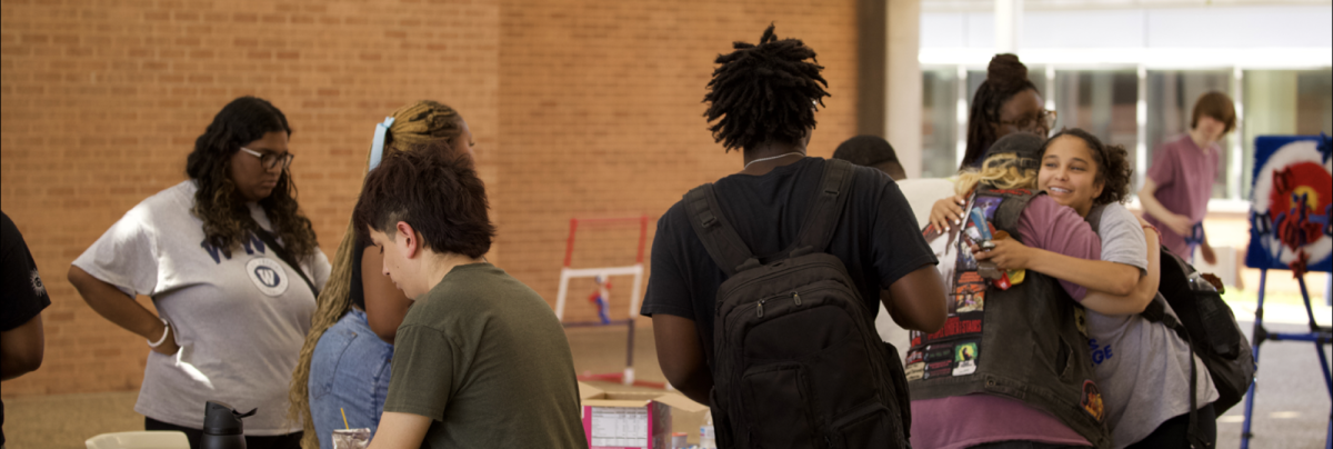 Students welcoming each other on the first day back on campus.